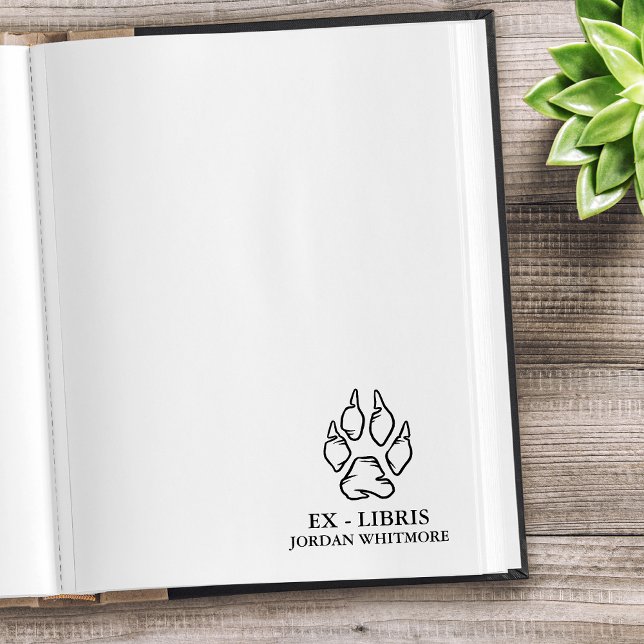 Sello De Caucho Ex Libris Huella de Lobo Personalizado (Wolf paw print ex-libris custom name)