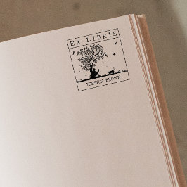Sello De Caucho Ex Libris leyendo con un gato en la naturaleza, Li