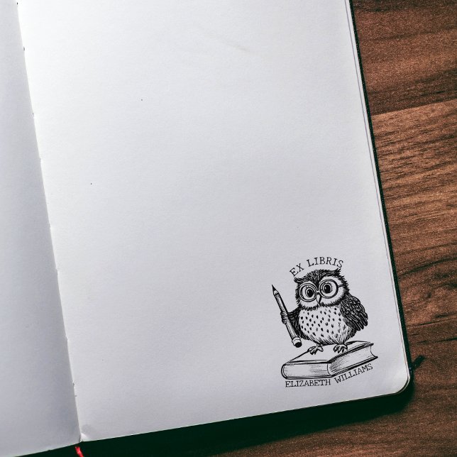 Sello De Caucho Ex Libris Moderno Búho con Libro, Biblioteca Perso (Subido por el creador)
