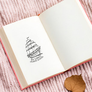 Sello De Caucho Ex libris moderno de barco náutico de biblioteca