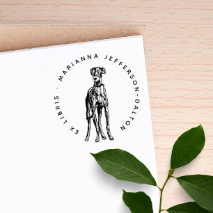 Sello De Caucho Ex Libris Perro Galgo Gris Redondo Moderno Libro