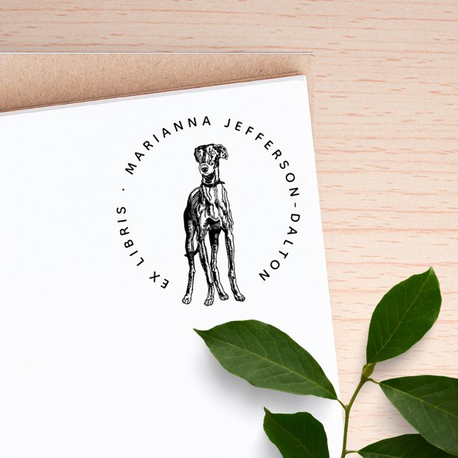 Sello De Caucho Ex Libris Perro Galgo Gris Redondo Moderno Libro (Subido por el creador)