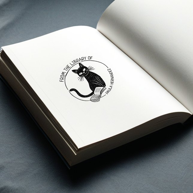 Sello De Caucho Ex libris personalizado de gato de biblioteca redo (Subido por el creador)