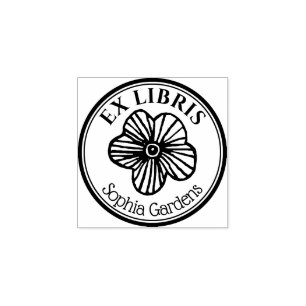 Sello De Caucho Ex Libris Redondo - Flor Dibujada a Mano