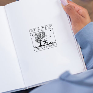 Sello De Caucho Ex Libris Yoga con un gato en la naturaleza, libro
