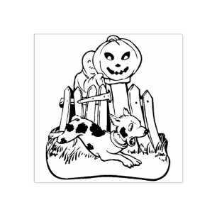 Sello De Caucho Fantasma vintage de Halloween con perro y calabaza
