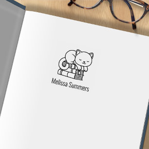 Sello De Caucho Feliz Gato Pila de Libros Exlibris 1x1