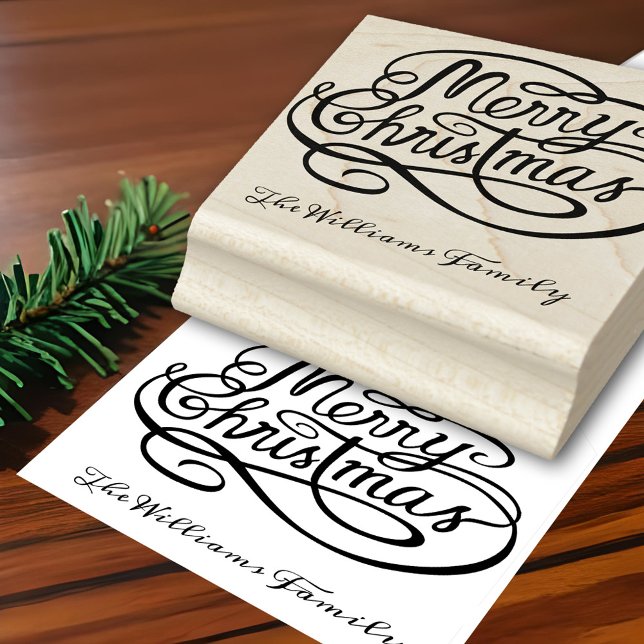 Sello De Caucho Feliz Navidad Familia Nombre Decoración festiva (Merry Christmas Family Name Festive Decorative Rubber Stamp with swirling ornate typography)