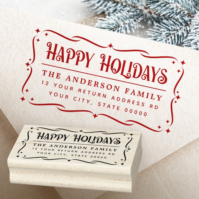 Sello De Caucho Festive Happy Holidays greeting return address (Festive Happy Holidays greeting return address Rubber Stamp)