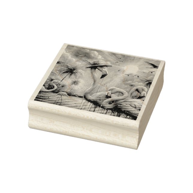 Sello De Caucho Flamingos rosados tropicales Palmeras Agua Verde a (Sello)