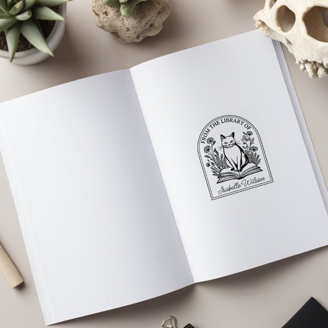 Sello De Caucho Floral Bookish Cat, Custom Bookplate  (Subido por el creador)