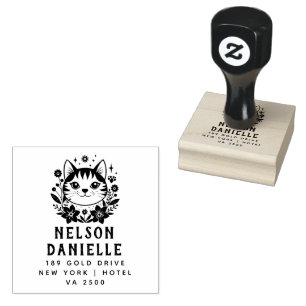 Sello De Caucho Floral CAT Style Return Address Rubber de madera