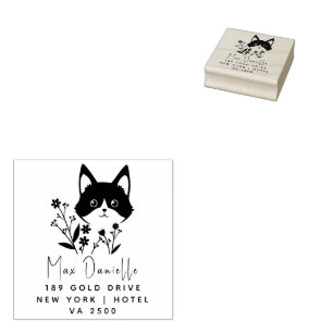 Sello De Caucho Floral CAT Style Return Address Rubber de madera