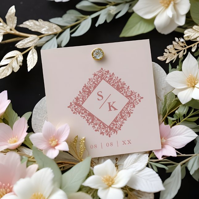 Sello De Caucho Floral Ornate Frame Diamond Shape Wedding Initials (Floral Ornate Frame in Diamond Shape with Initials Wedding Rubber Stamp.)