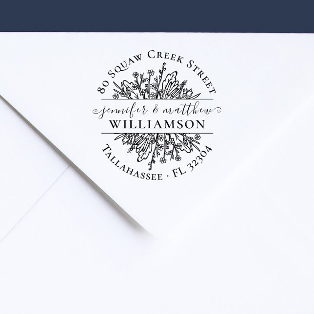 Sello De Caucho Flores silvestres rusas domicilio de pareja casada (Rustic Wildflowers Married Couple Return Address Rubber Stamp)