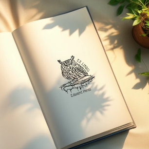 Sello De Caucho Folleto de búho cute ex libris