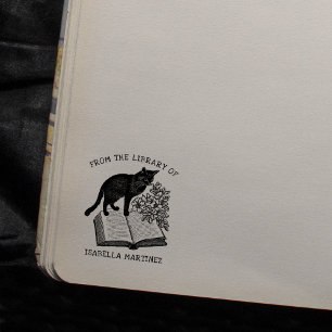 Sello De Caucho Gato de la biblioteca floral vintage del personali