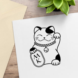 Sello De Caucho Gato de la Suerte Japonés, Maneki Neko - Monograma
