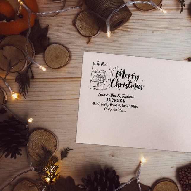 Sello De Caucho Gato de Navidades con regalo, dirección de retorno (Subido por el creador)