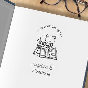 Sello De Caucho Gato lindo encima de la pila de libros - Bookplate