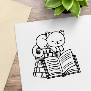 Sello De Caucho Gato lindo encima de la pila de libros - Bookplate