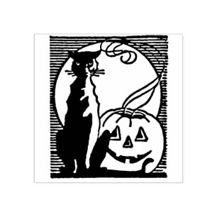 Sello De Caucho Gato negro de Halloween y Jack O'Lantern