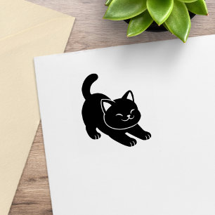 Sello De Caucho Gato negro estirándose 1x1
