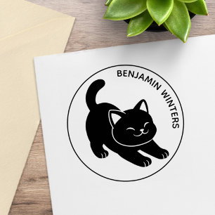 Sello De Caucho Gato negro estirándose Texto personalizado