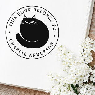 Sello De Caucho Gato negro gatito ex libris biblioteca libro