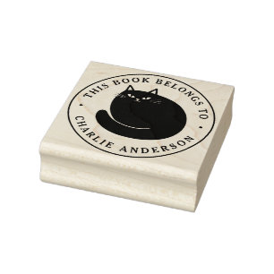 Sello De Caucho Gato negro gatito ex libris biblioteca libro
