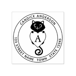 Sello De Caucho Gato negro lindo con monograma cardíaco