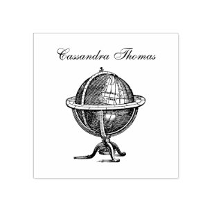 Sello De Caucho Globo terráqueo vintage litografía dibujo BW nombr