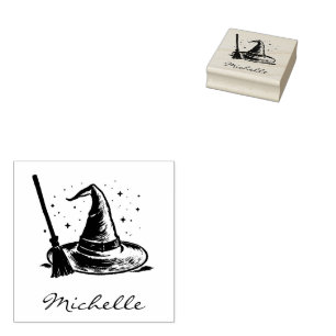 Sello De Caucho Gorra y escoba de brujas personalizada de Hallowee