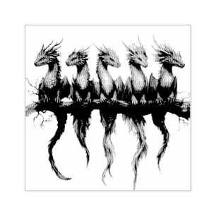 Sello De Caucho Grupo de arcoíris de dragones bebés sobre negro
