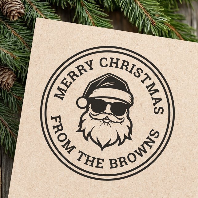 Sello De Caucho Guay Santa en gafas de sol Feliz Navidad (Cool Santa in sunglasses Merry Christmas name Rubber Stamp)