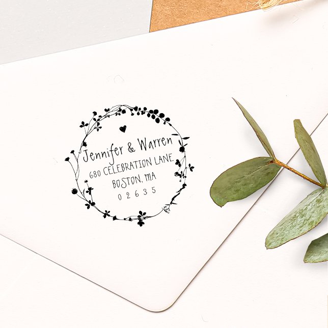Sello De Caucho Guirnalda de flores campestres dibujadas a mano co (Hand Drawn Wildflower Wreath Return Address Rubber Stamp)