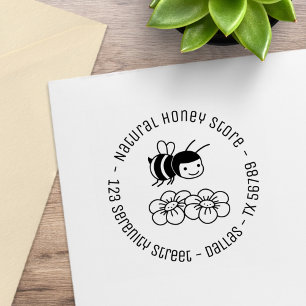 Sello De Caucho Happy Bee and Flowers Round Business Dirección 4