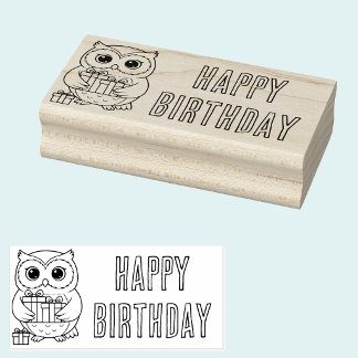 Sello De Caucho Happy Birthday Owl with Gifts Wooden Art Stamp