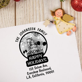 Sello De Caucho Happy Holidays Rustic Bold Family Return Address