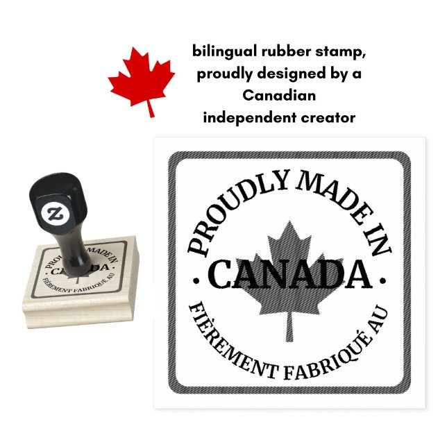 Sello De Caucho Hecho orgullosamente en Canadá Bilingüe Francés (Show your Canadian pride with this Made in Canada bilingual rubber stamp. Elbows up.)