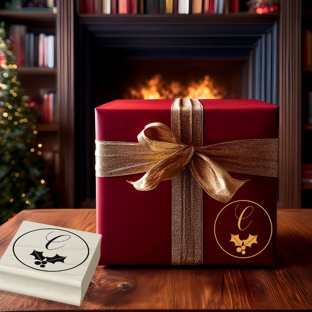 Sello De Caucho Holly and Berries Christmas Holiday Monogram (Elegant Holly and Berries Christmas Holiday Monogram Rubber Stamp (shown with gold ink))