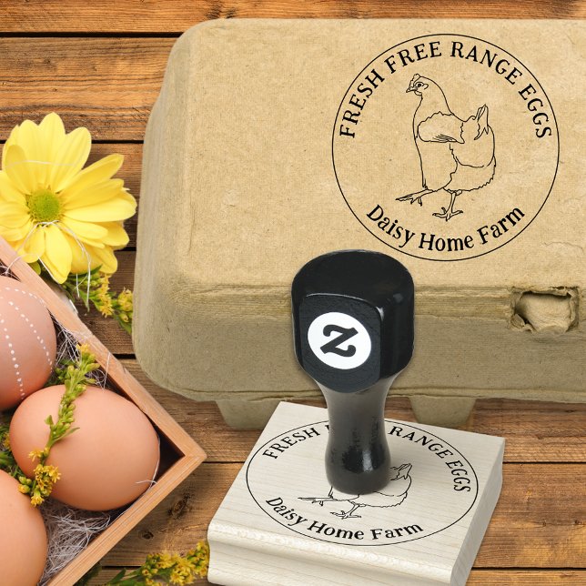 Sello De Caucho Huevos de pollo personalizados simples a mano (Fresh free range chicken eggs box ink stamp simple hen line drawing and personalized business name)