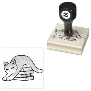 Sello De Caucho Ilustracion de Gato de Amante de Libros - Curva y