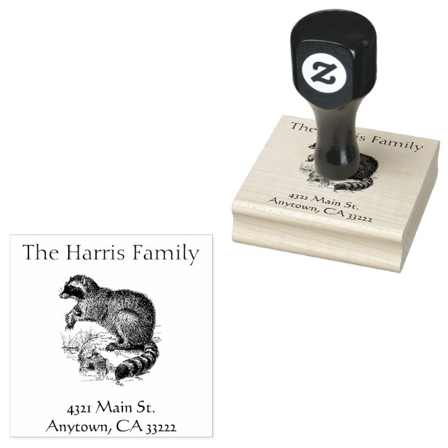 Sello De Caucho Ilustracion Raccoon Vintage Personalizado (Sellado)