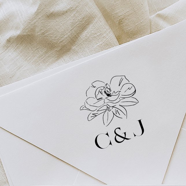 Sello De Caucho Iniciales del Personalizado del Ilustracion Magnol (Beautiful Southern-inspired magnolia illustration wedding monogram rubber stamp.)