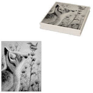 Sello De Caucho Joven Red Fox y Carolina Wren Bird Watercolor Art