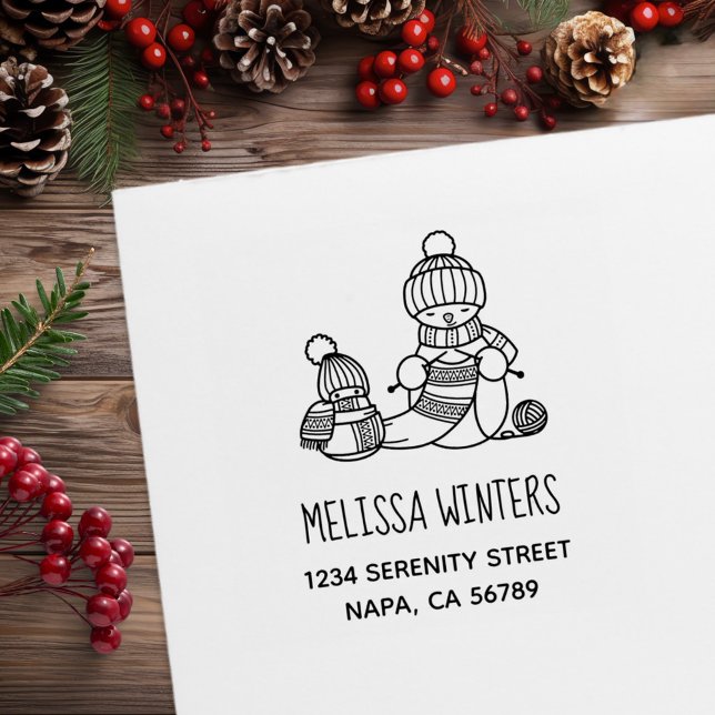 Sello De Caucho Knitting Snowman in Knitted Hat and Scarf Address (Subido por el creador)