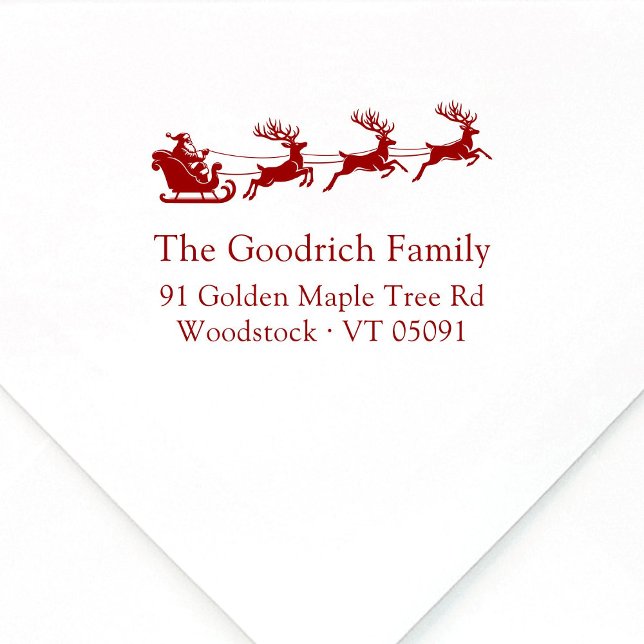 Sello De Caucho La elegante y festiva dirección de regreso de Sant (Elegant, festive Santa's reindeer sleigh wooden Christmas return address stamp, classic typography.)