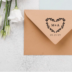 Sello De Caucho Laurel Heart Wreath Initials & Boda Date