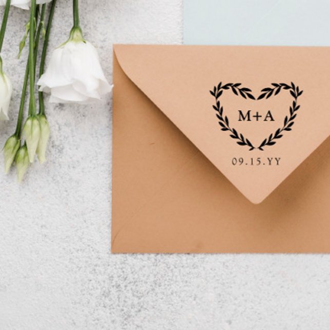 Sello De Caucho Laurel Heart Wreath Initials & Boda Date (Subido por el creador)
